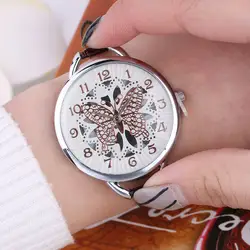 Relojes Mujer 2017 Для женщин часы тонкий кожаный ремень Бабочка выдалбливают рисунком часы ремень женский Бизнес кварцевые наручные часы