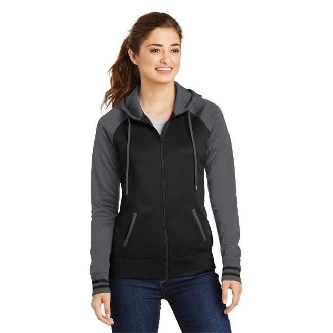 Sport-Tek LST236 Ladies Sport-Wick Varsity Fleece Full-Zip Hooded Jacket Black & Dark Smoke Grey - Medium