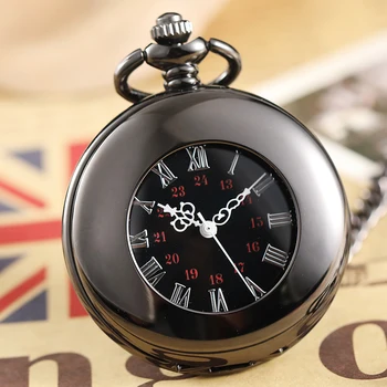 

Retro Smooth Black Case Mechanical Pocket Watch Male Clock Roman Numerals Skeleton Men Women Pocket Watch With Necklace