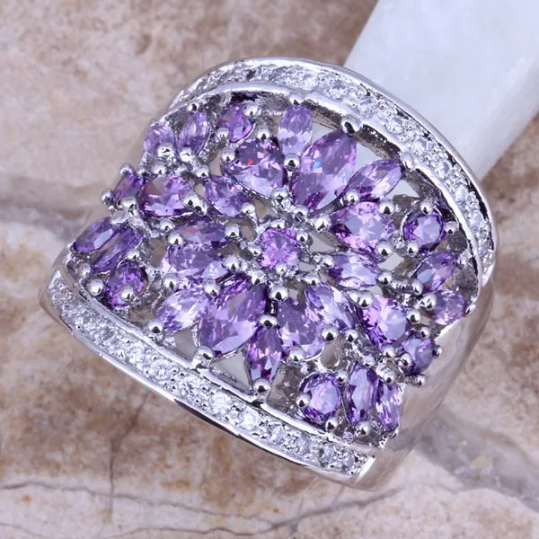 Purple Cubic Zirconia White CZ 925 Sterling Silver Ring For Women Size