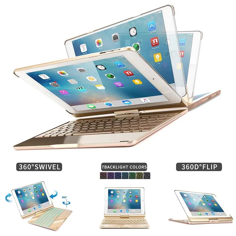 

7 Color Backlit Bluetooth Keyboard Case Folio Smart 360 Rotate Stand Keyboard Cover for iPad Air/Air 2/iPad Pro 9.7 and iPad 9.7