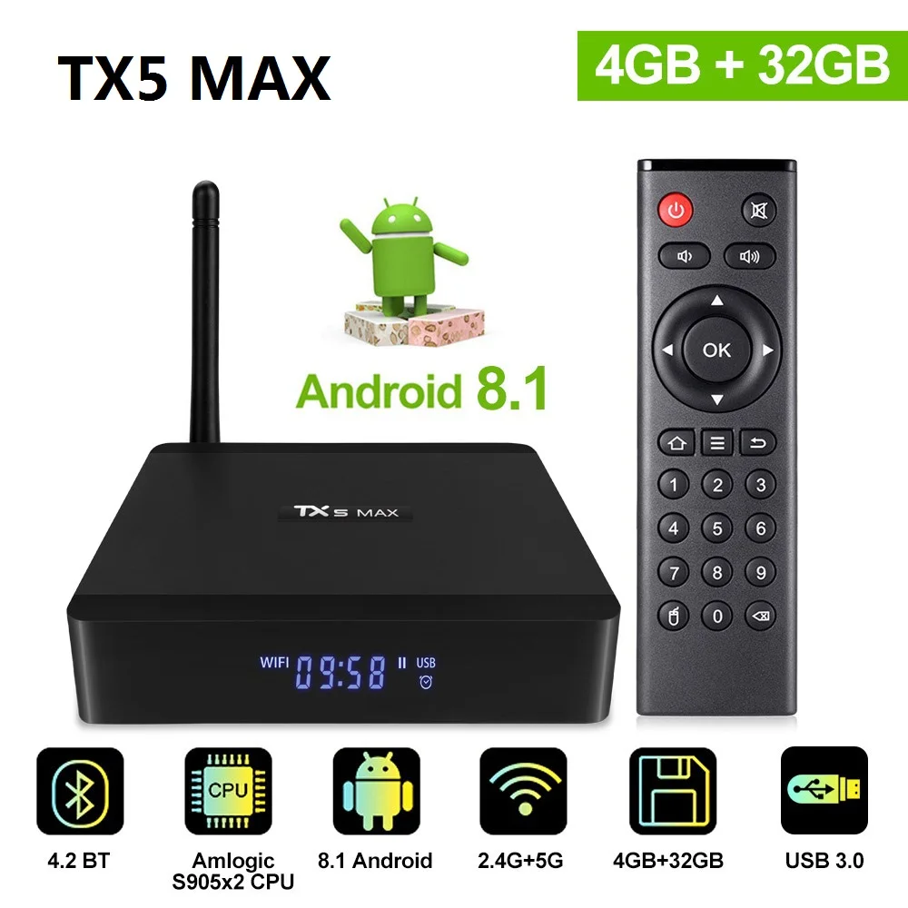 

Tanix TX5 MAX X2 Android 8.1 TV Box 4GB 32GB Amlogic S905X2 Quad Core Dual Wifi BT4.2 1000M 4K HDR Media Player Smart Box TX5MAX