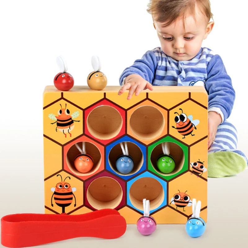 

Kids Montessori Hive Games Board Puzzle 7Pcs Bees With Clamp Fun Picking Catching Toy Educational Beehive Baby Developmental Toy