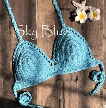 Цельные бикини купальник Mujer крючком красный верх купальника Knit Sexy Бикини Для женщин купальный бюстгальтер большой женский купальный костюм S-XL - Цвет: sky blue