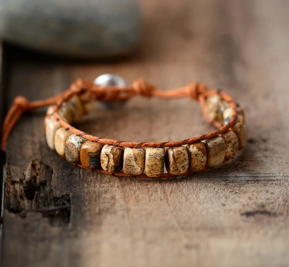 

Boho Bracelet Unique Picture Stone Single Leather Wrap Bracelets Wholesale Handmade Bohemian Weaving Bracelet Dropshipping