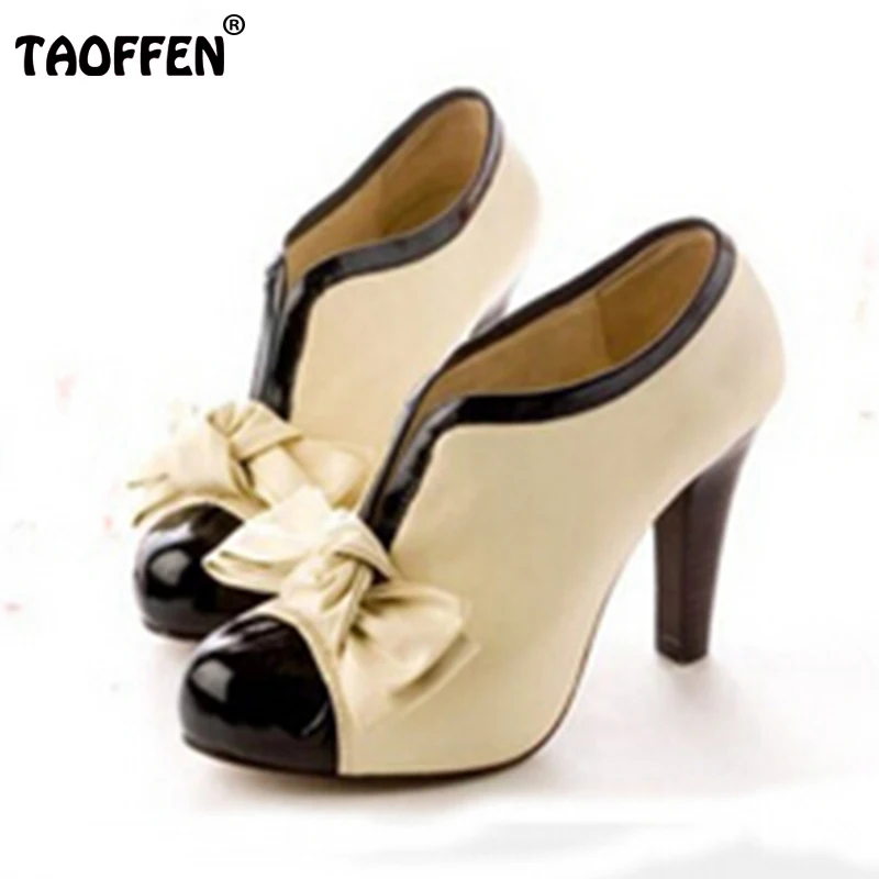 Women High Heel Shoes New Sexy Lady Beige Bow Vintage Bowknot Pumps Platform Round Toe Ladies H023 Size 35-43