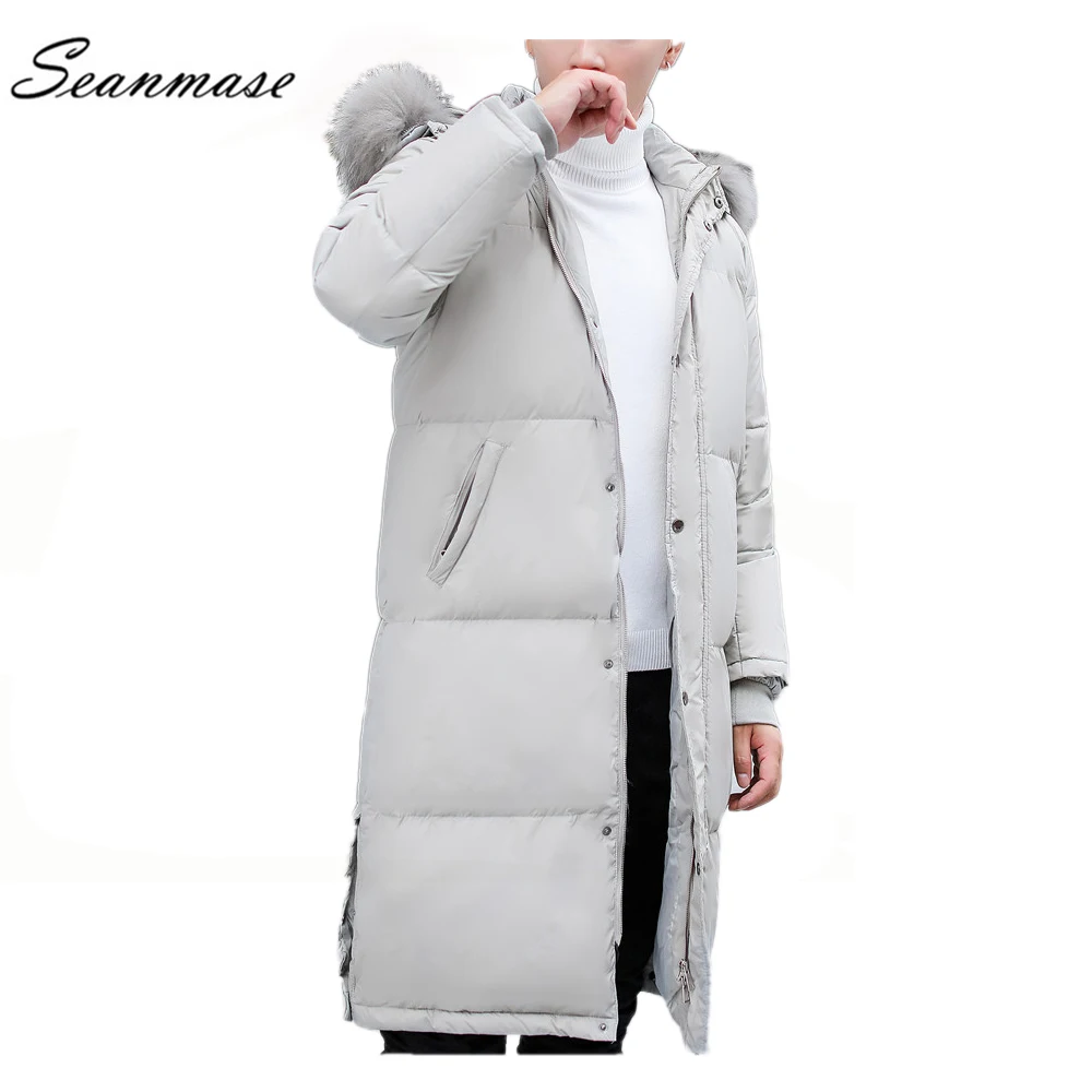 White Duck Down Jacket With Fur Collar Mens Plus Long Overcoat Thick
