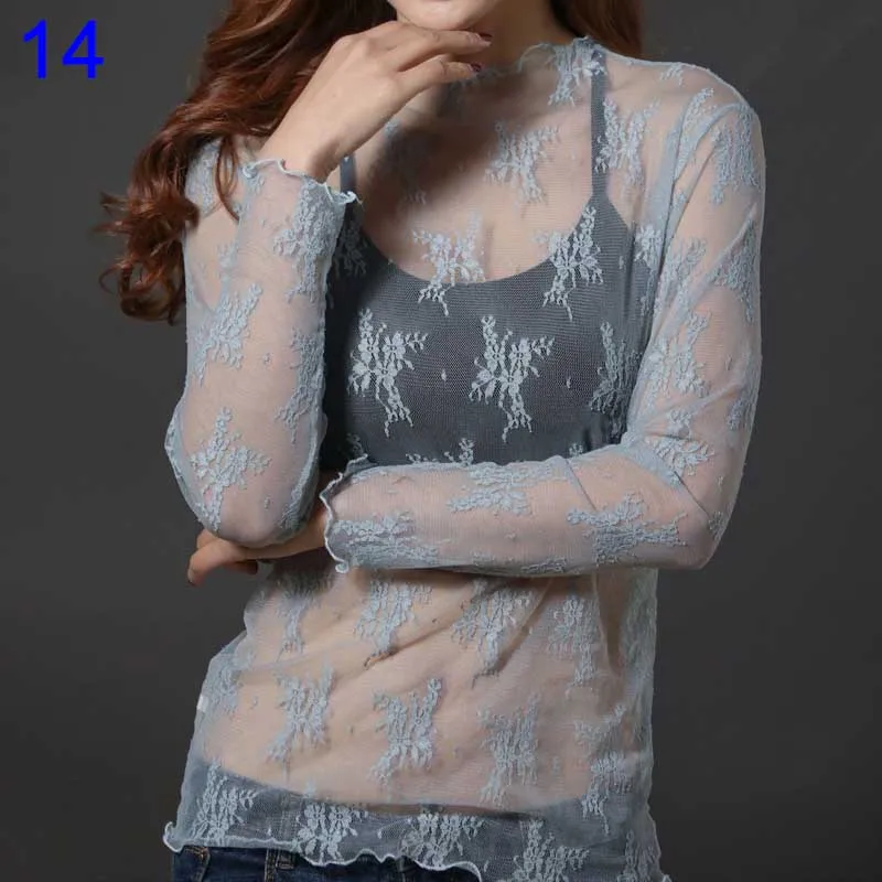 Newly Sexy Women Blouse See Through Transparent Mesh Long Sleeve Sheer Blouses Shirt Tops Tee BF88 - Цвет: As shows