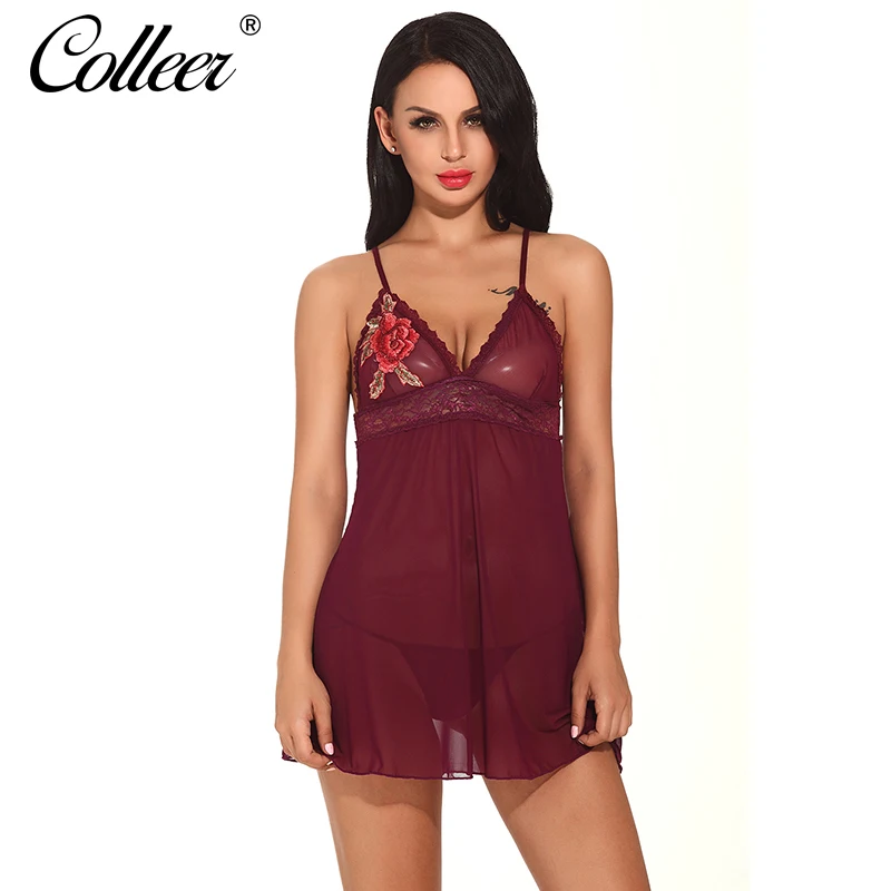 COLLEER Sexy Lingerie For Women Lace Babydoll Embroidery Chemise Transparent Sleepwear Bra Set S XXL