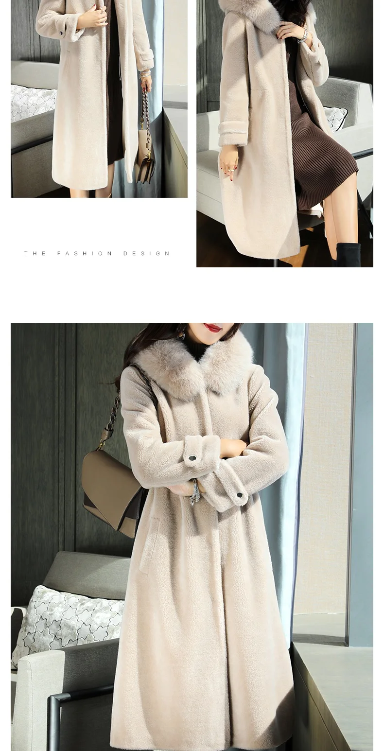 Женская шуба из натурального овечьего меха, пальто с капюшоном и воротником из лисьего меха, зимняя куртка средней длины размера плюс S-5XL