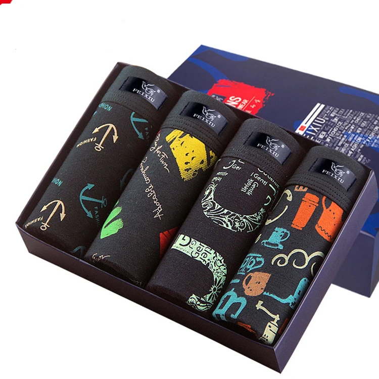 

Asian Sizes 4pcs Fashion Mens Underwear Body Fit Breathable Boxer Sexy Print Boxers Solid Color Cotton Underwear N3001