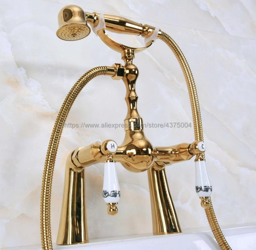 Polished Gold Brass Deck Mounted Bathroom Bathtub Shower Faucet Double Ceramic Handle with Hand Held Shower Nna138