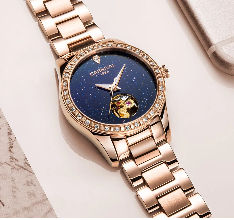 Карнавальный роскошный бренд розовое золото женские часы платье автоматические механические наручные часы сталь Водонепроницаемый девушка часы relogio feminino