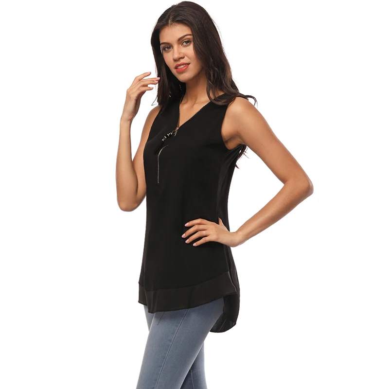 Black Solid Sleeveless Blouses Summer Top 2018 Women Casual V Neck