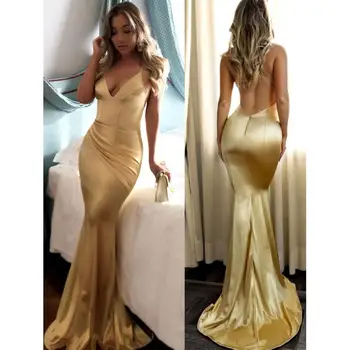 

2019 Mermaid Prom Dresses Short Train Spaghetti Straps Long Sexy Gold Prom Dress Formal Evening Party Gowns Custom Made Cheap