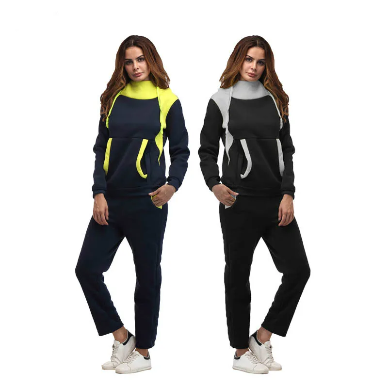 

2019 explosion models simple fashion color matching plus velvet sports suit female hooded large size casual sweater two-piece