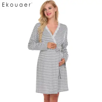 

Ekouaer Women Robe Kimono Nightwear Lace V-Neck Long Sleeve Striped Maternity Trim Wrap Dressing Gowns Female Bathrobe With Belt