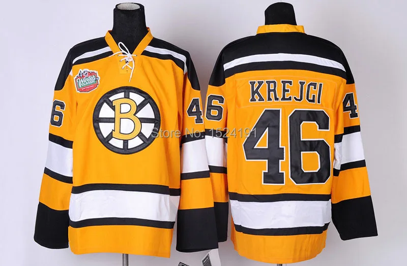 Wholesale Ice Hockey Boston Bruins Jerseys #46 David Krejci Jersey Home Black Away Yellow For Sport Fans Sewn On Good Quality Yellow.jpg