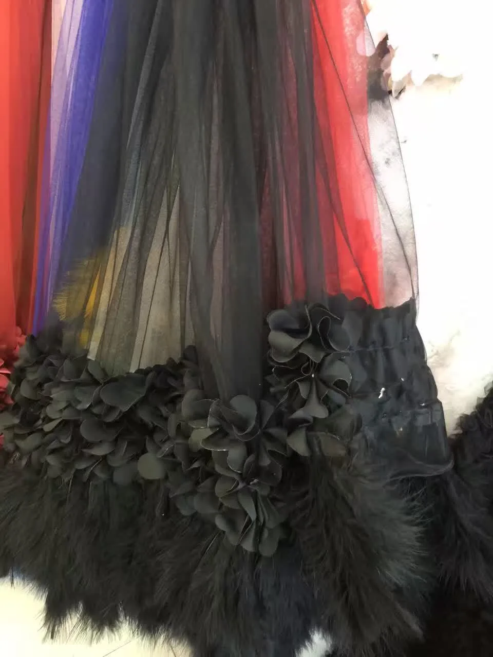 10 yards black 3D floral fabric for haute couture dress with 3D flowers and feathers