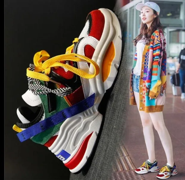 

Fashion Harajuku Women Casual Shoes Lace-Up Leather Dad Chunky Sneakers Flat Thick Sole Tenis Wedge White Basket Walking