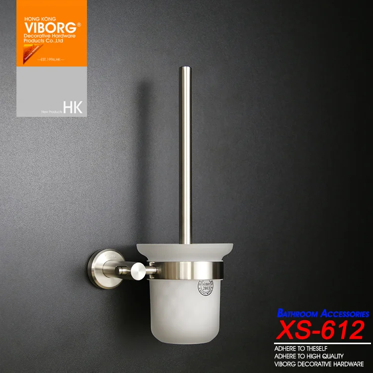 VIBORG Deluxe SUS304 Stainless Steel Wall Mount Mounted Toilet Brush set With Tempered Glass Cup Holder