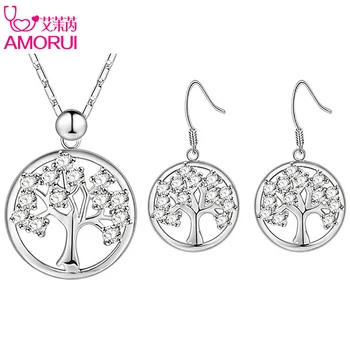 

AMORUI Women Christmas Tree Necklace Earrings Set Fashion Jewelry Rose/Silver Color Wedding/Engagement Crystal Jewelry Sets Gift