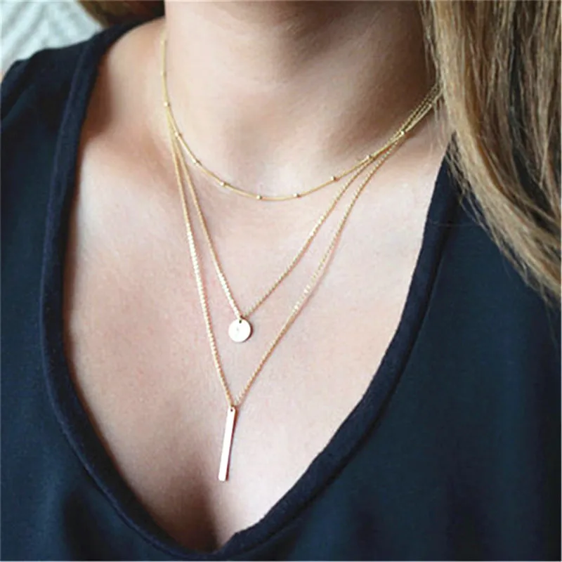 

QUMORAIN European Simple Multi Layers Tassels Bar Coin Necklace Clavicle Chains Charm Womens Fashion Jewelry Colar One Direction