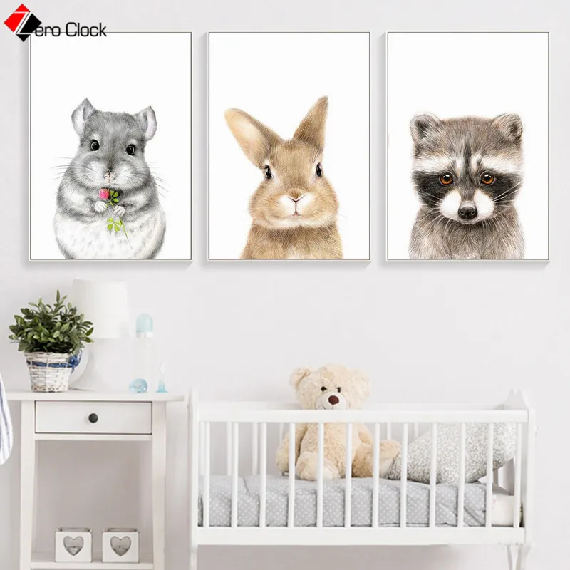 

Woodland Animals Print Poster Chinchilla Rabbit Raccoon Canvas Painting Nursery Wall Art Baby Boys Room Decoration Pictures