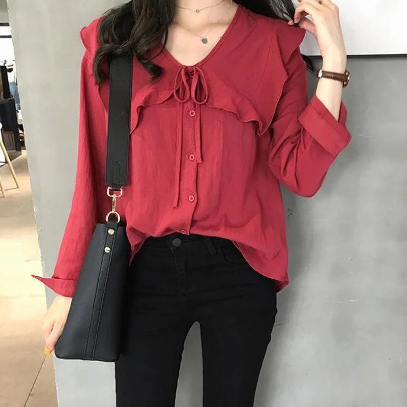 

Women Ruffle Shirt Long Sleeve Bow Tie Neck Casual Blouse Elegent Top Spring Autumn New Arrival Big Size Hot Sale