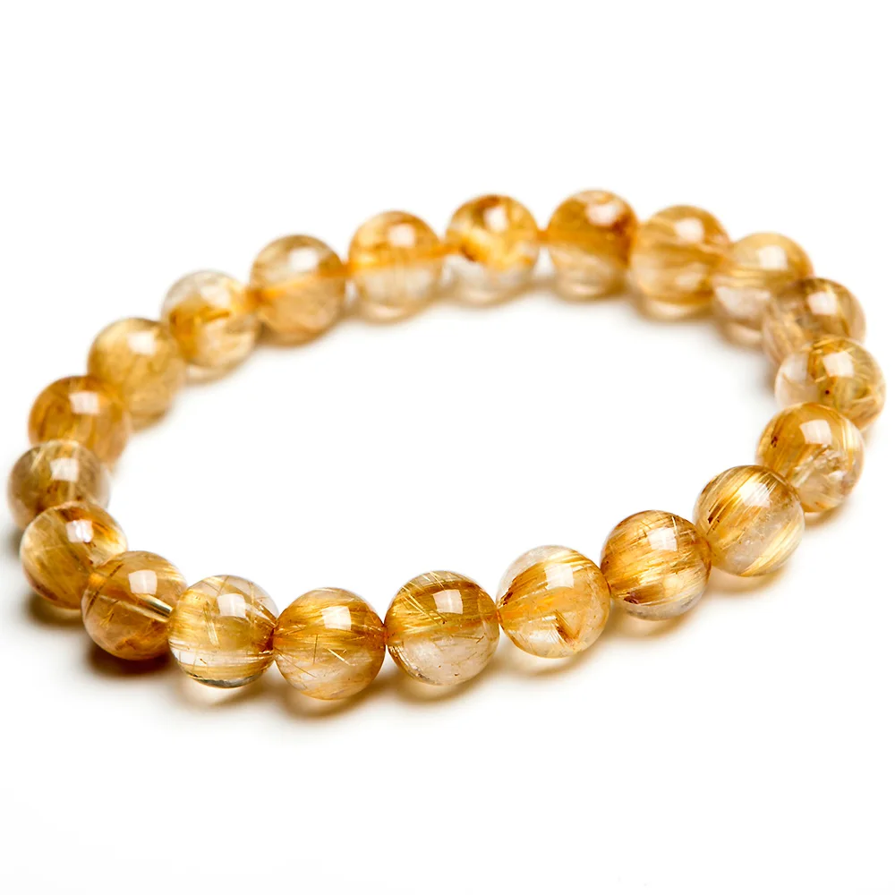 

100% Natural Gold Rutilated Quartz Crystal Woman Man Gemstone Titanium From Brazil 9mm Round Beads Bracelet Jewelry Bangle AAAA