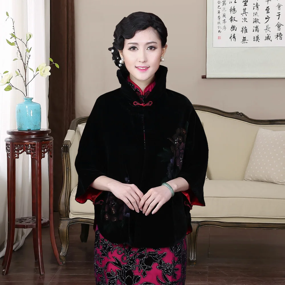 Chinese Traditional Shawl Coat Women's Velvet Black Jacket Size One Size-in Tops from Novelty 