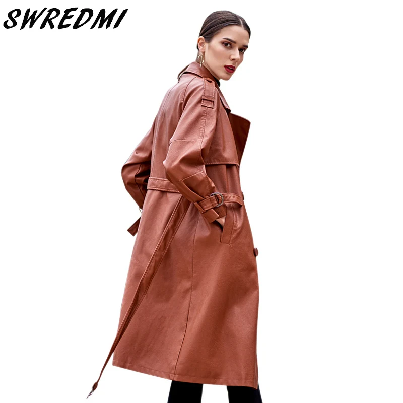 

SWREDMI 2019 Autumn And Winter New Women Leather Trench Brown Female Leather Coat High Street Sashes Long Leather Clothing Plus