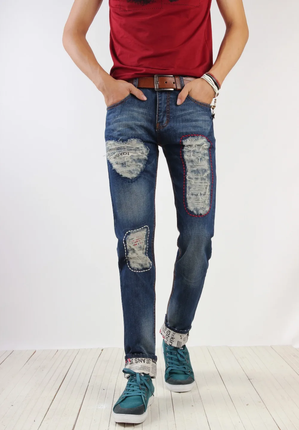 Wholesale retail new brand hole ripped skinny jeans Frayed Men straight slim trousers denim straight Slim