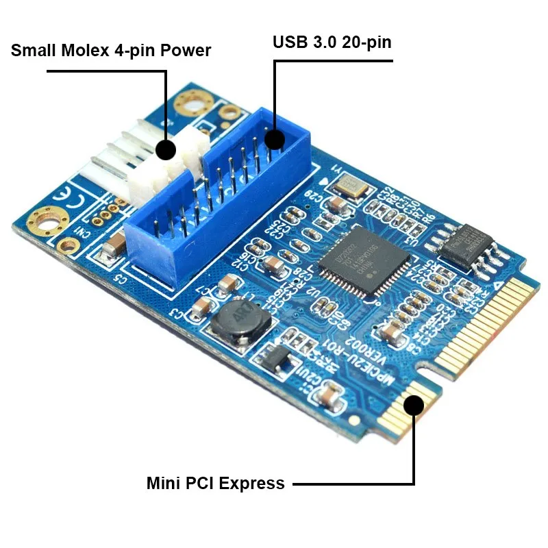 Материнская плата En-Labs Mini PCI Express to Dual USB 3,0 20-pin Add On Card Add On, Mini PCIe PCI-e to 2 ports USB w/Molex power