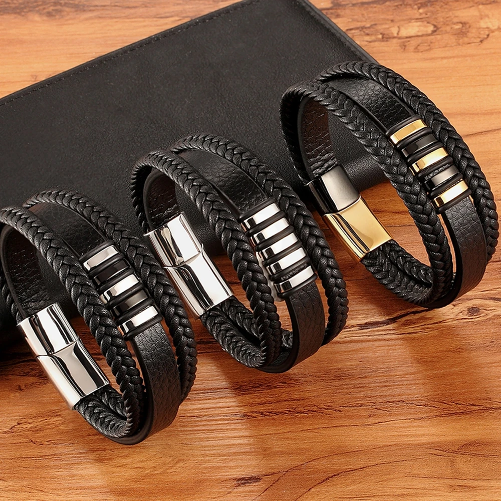 High Quality Stainless Steel Charm Stackable Layered Bracelet Leather Genuine Braided Black Bracelet for Men’s Hand Jewelry