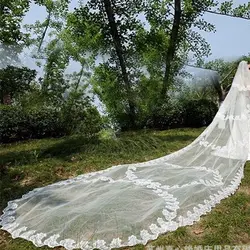 2019 роскошный 5 метров платье с кружевными аппликациями по всей длине свадебная фата 2 слоя белая слоновая кость для новобрачных вуаль в