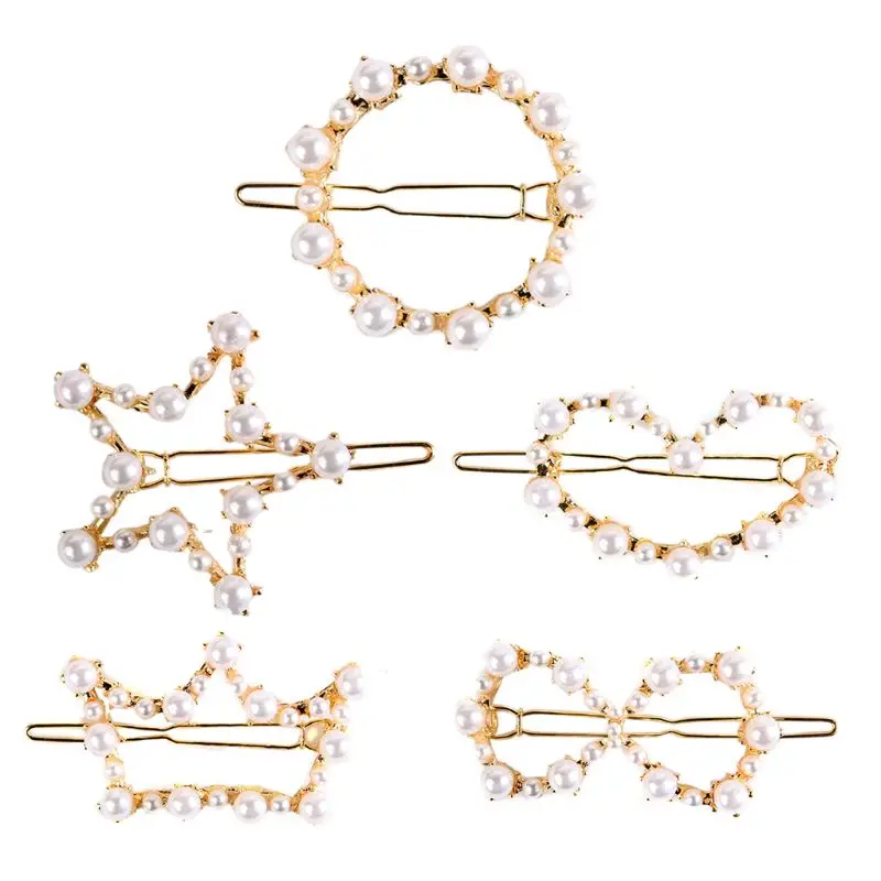 

Women Girls Luxury Faux Pearl Decor Side Hair Clips Glitter Gold Metal Alloy Straight Hairpins Vintage Round Crown Shape Party H