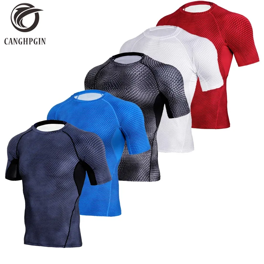 

2018 Snake Skin Tights Compression Shirt Men Running Jersey Quickly Dry Tank Fitness Sportswear Rashguard Short Sleeve Tshirt