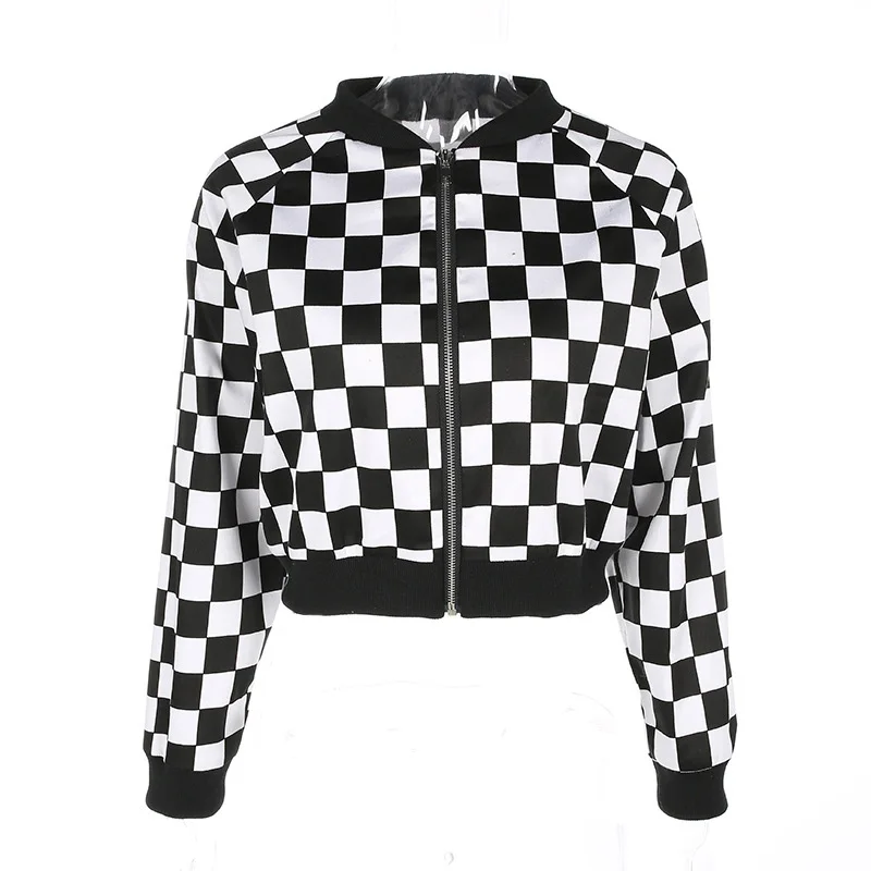 2017 Black White Plaid Bomber Jacket Women Autumn Winter Short Jackets Female Casual Zipper