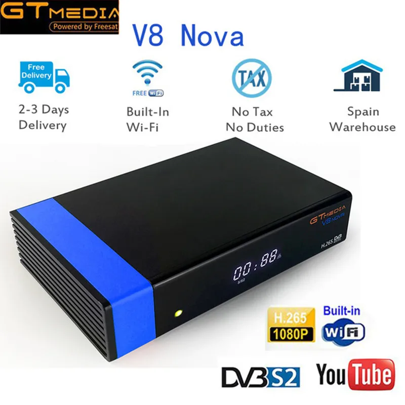 GTMedia V8 Nova Blue Spain Portugal Germany DVB-S2 Satellite Receiver+1 Year Free CCcam for Europe H.265 Decoder Set Top Box
