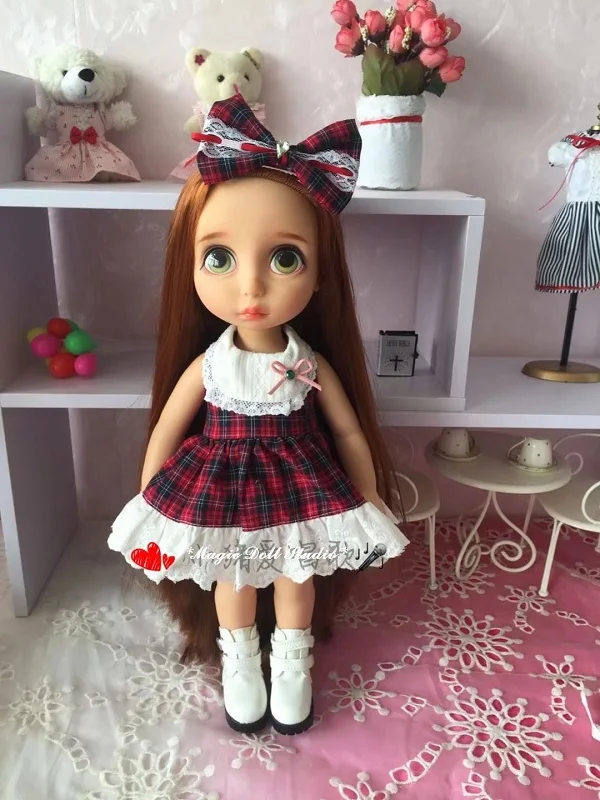 

[DY155] NEW 16" Princess Doll Dress # Big Gird Printed Dress and Hair Piece Set fit for 16 Inch Fashin Doll Outfits for Retail