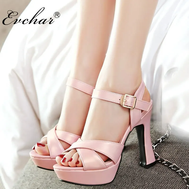 

EVCHAR Office & Career Fashion peep toe pumps Square super high heels sexy elegant platforms sandals shoes Large size 32-43
