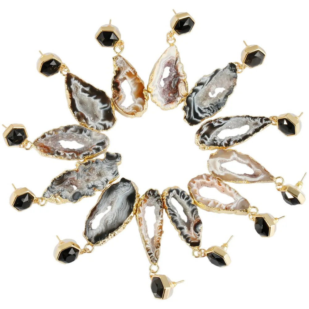 TUMBEELLUWA Freeform Irregular Natural Agate Quartz Geode Druzy Slice Drop Dangle Hook Earrings Trendy Women Jewelry Fashion