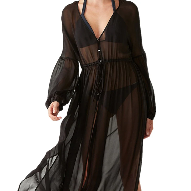 

2019 Beach Cover up Chiffon Black Robe Plage Sexy Women Kaftan Dress Pareos Beach Swimwear Tunic Kaftan Sarong Plus Size