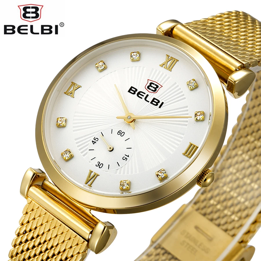 BELBI Brand New Elegant Fashion Watch Women Stainless Stell Mesh Bracelet Band Casual Quartz Wristwatch Ladies