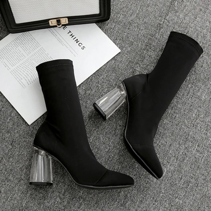 Размер 41, 42; стелька из эластичной ткани; женские прозрачные ботильоны на необычном каблуке; женские зимние ботинки с острым носком; SWE0335