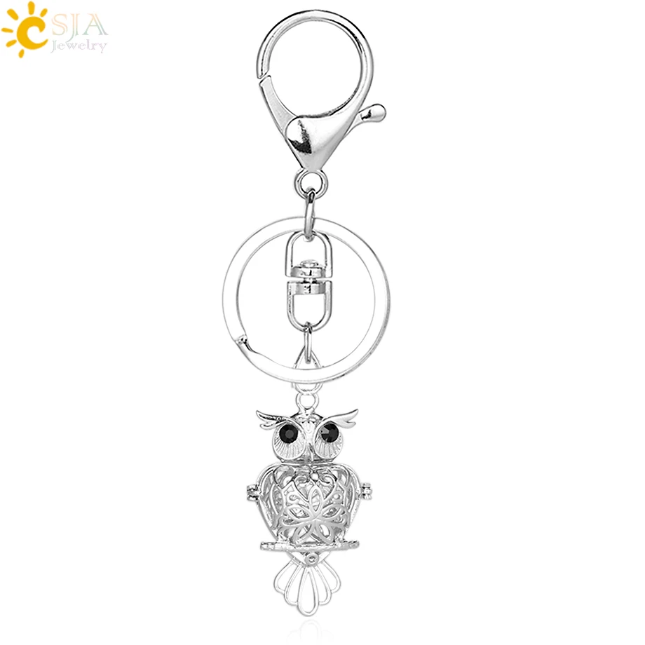 CSJA Wholesale Cute Owl Metal Pendant Car Keychain Key Chain Clasp Ring