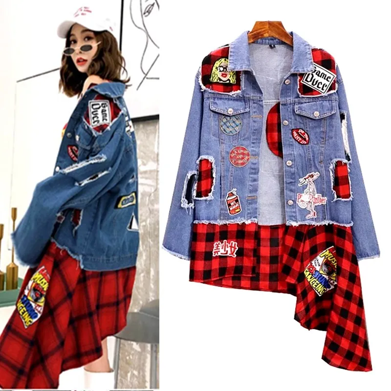 

Spring Autumn Fashion Stylish Punk Style Womens Ladies Ripped Hole Cool Denim Jacket Plaid Spliced Long Coat For Woman NZ46