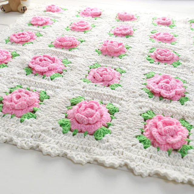 Handmade Blanket For Newborn Baby Photo Props Crochet Rose Flowers Pink