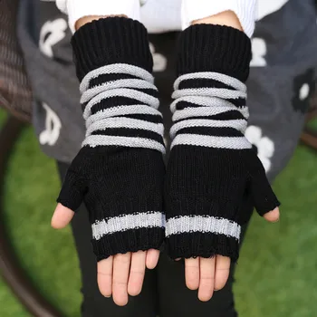 

Striped Winter Women's Gloves Grid Wrist Arm Warmer Long Fingerless Knit Mitten